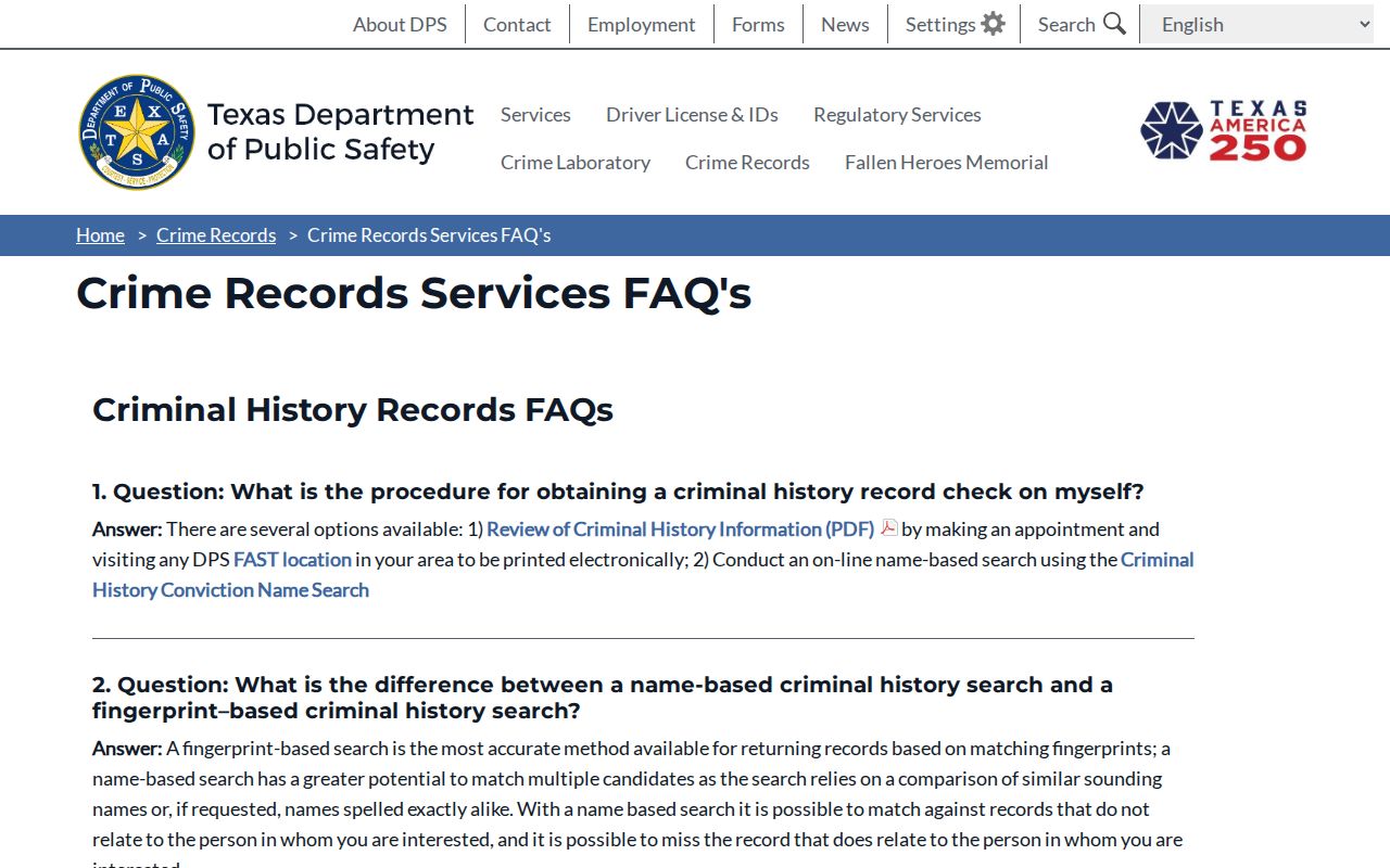 Comal County criminal record Texas DPS services FAQ