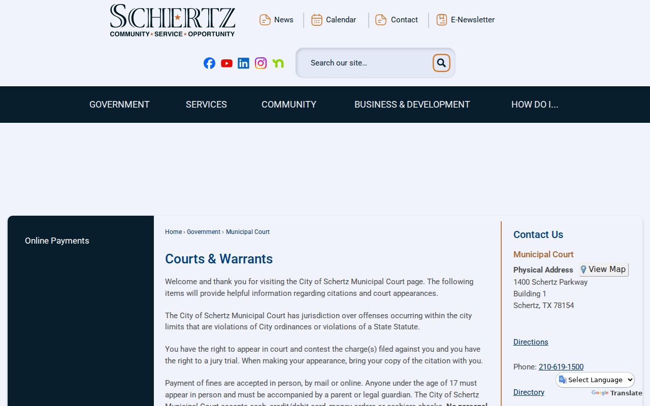 Schertz Municipal Court official warrant and case guidance