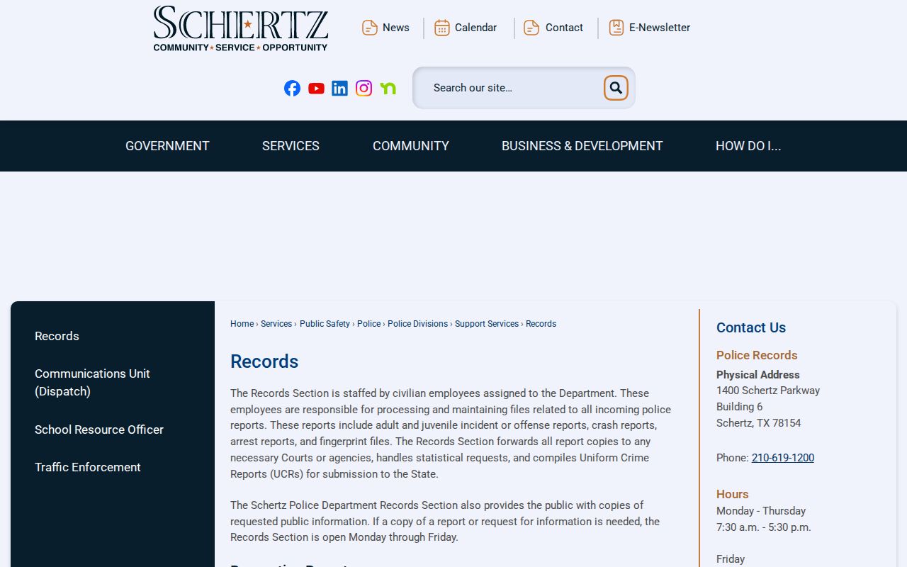 Schertz Police Records official counter information