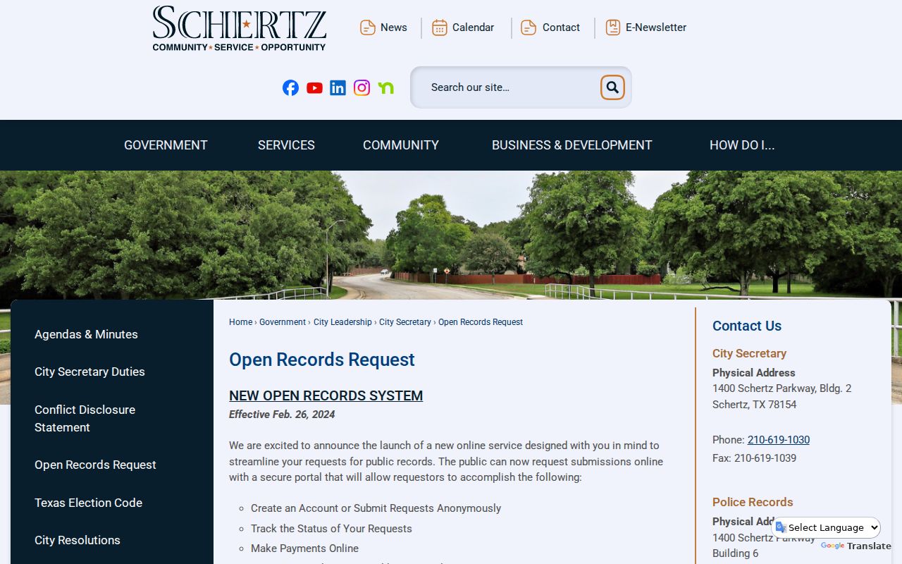 Schertz 2024 open records portal with anonymous request option