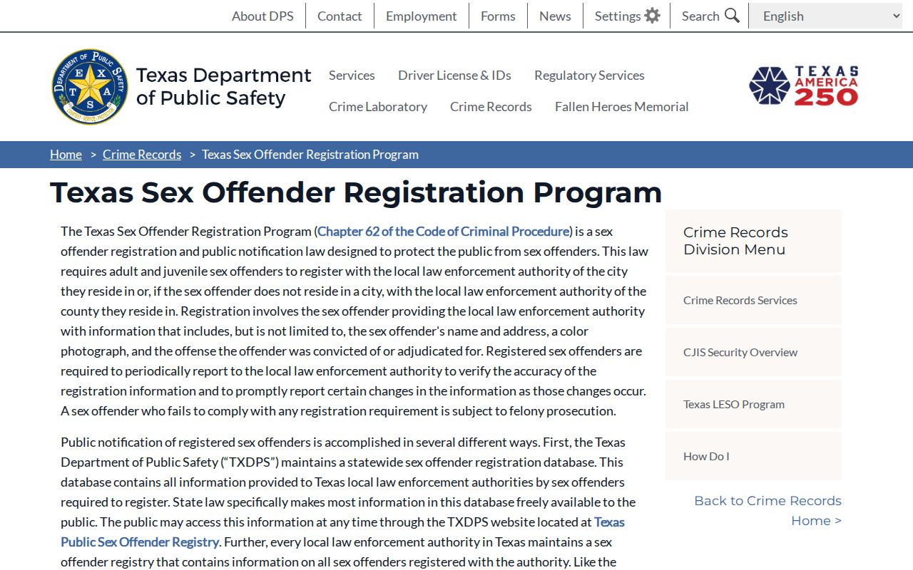 Texas DPS sex offender registration program information for Comal County