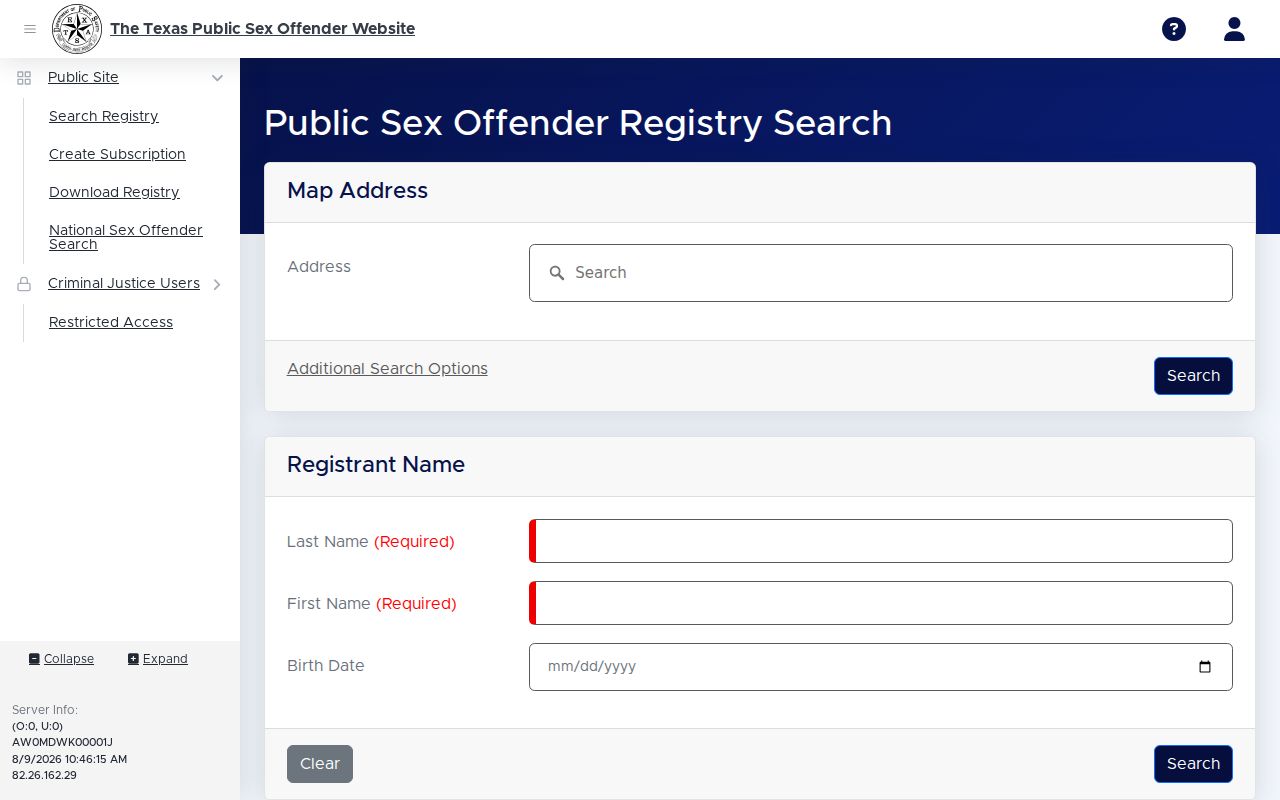 Texas DPS sex offender registry search form used for Comal County lookups